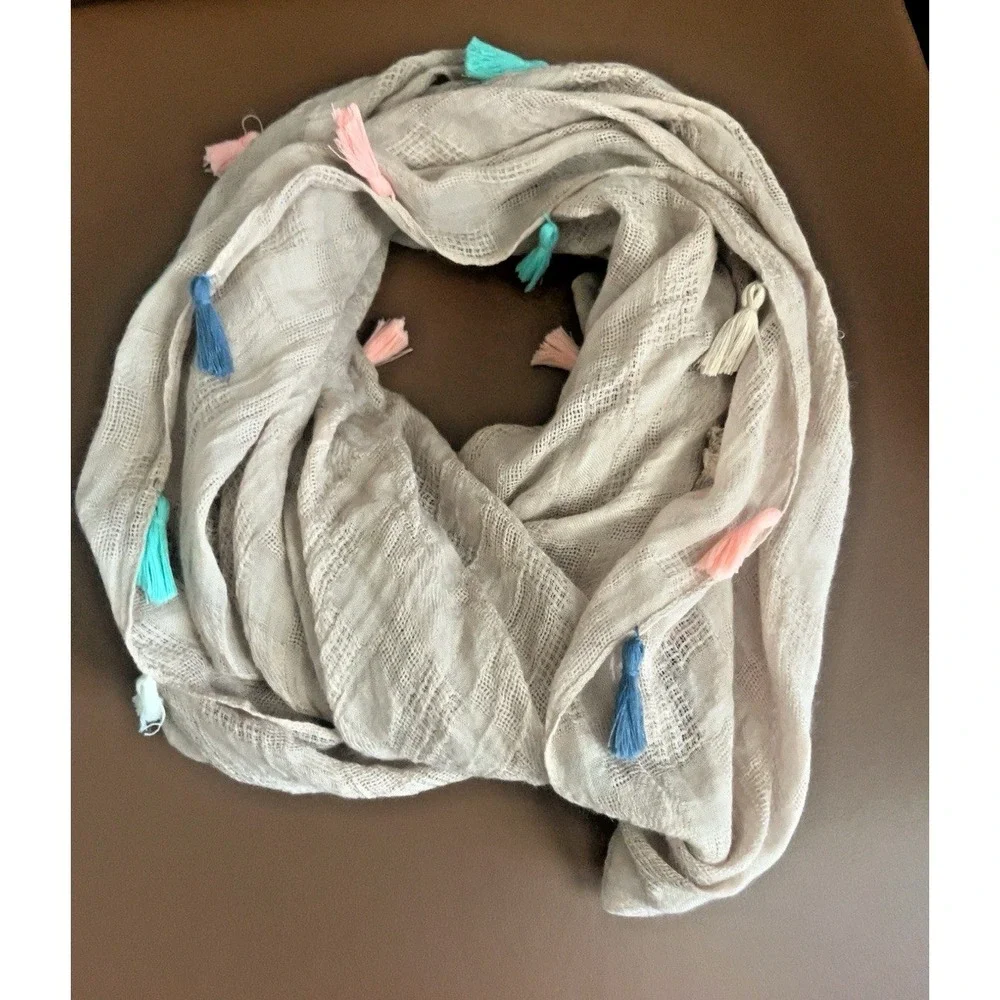 Be Simply Boho Tassel Scarf Beige Lightweight Gauze Wrap Shawl Bohemian 50x42
